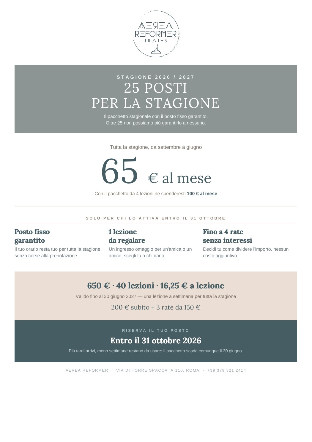 Promozione 25 posti per la stagione 2026/2027 di Aerea Reformer